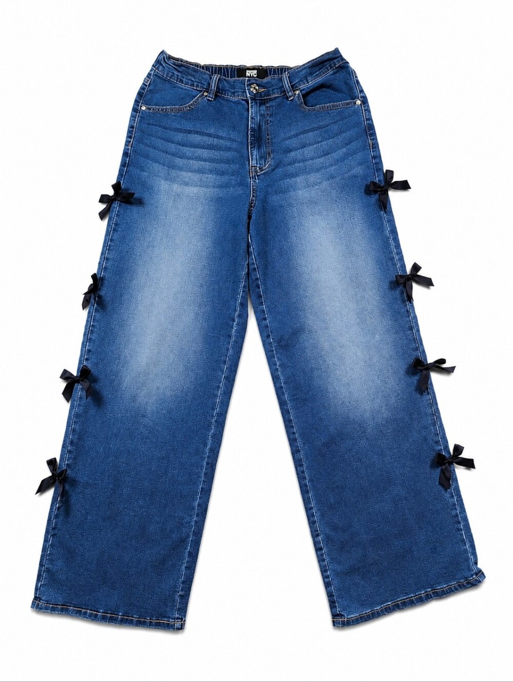 Madden NYC Bow Side Wide Leg Jeans Blue High Rise Stretch Women's M